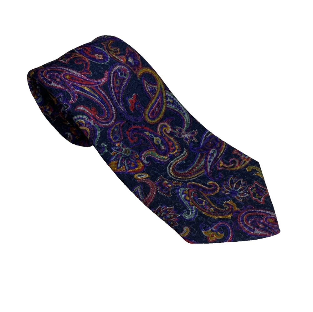 Bijan 100% Silk Necktie Blue & Purple Paisly Wearable Art Vintage 80s- 90s Tie